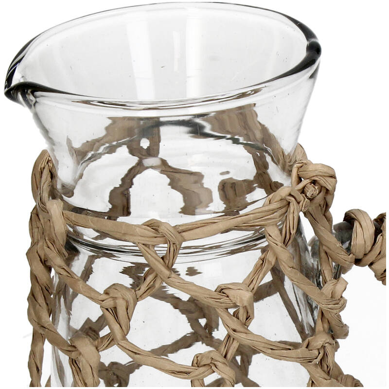 Glass water jug with refined raffia braiding
