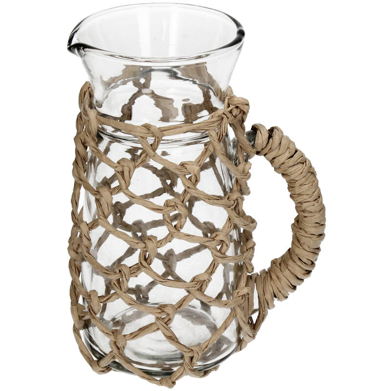 Glass water jug with refined raffia braiding
