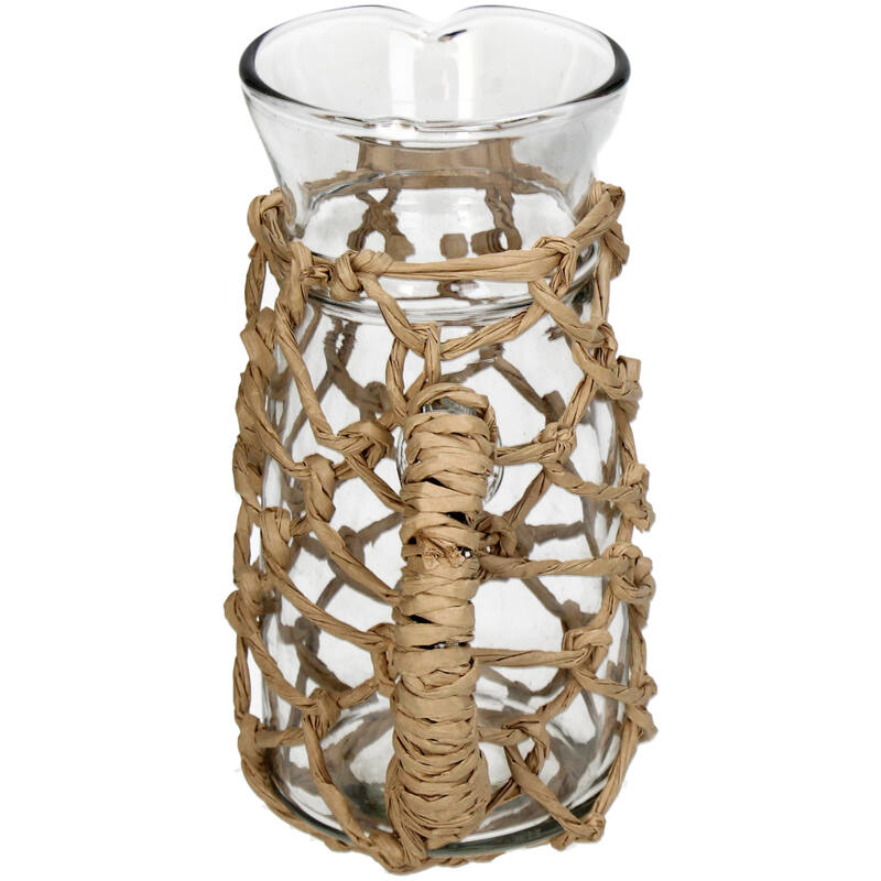 Glass water jug with refined raffia braiding