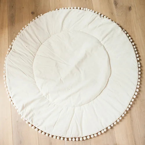 Boho quilted round floor mat with Pom Pom Trim