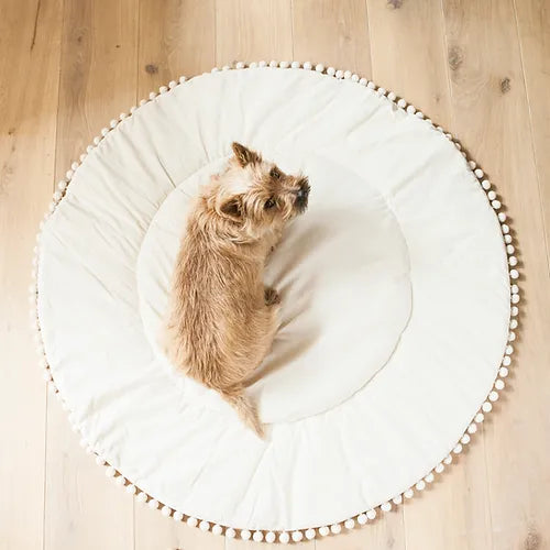 Boho quilted round floor mat with Pom Pom Trim