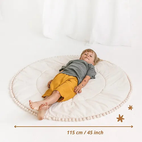 Boho quilted round floor mat with Pom Pom Trim