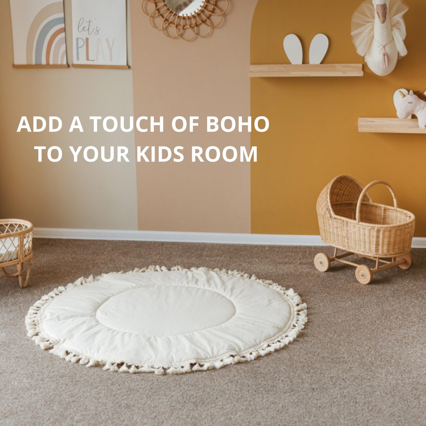 Boho quilted round floor mat with tassels