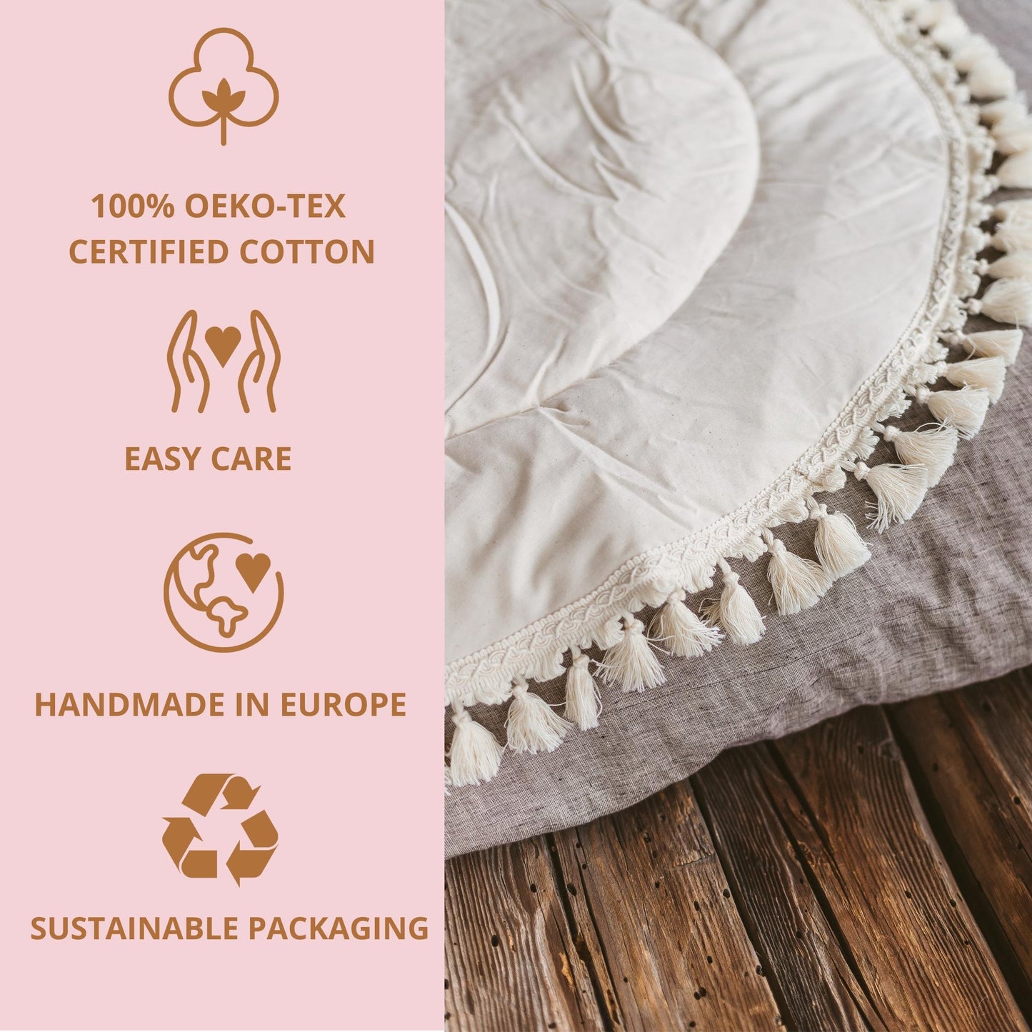 Boho quilted round floor mat with tassels
