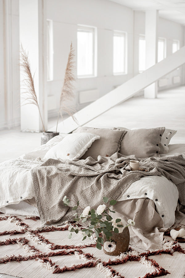 Linen waffle pillow cover with fringes Natural