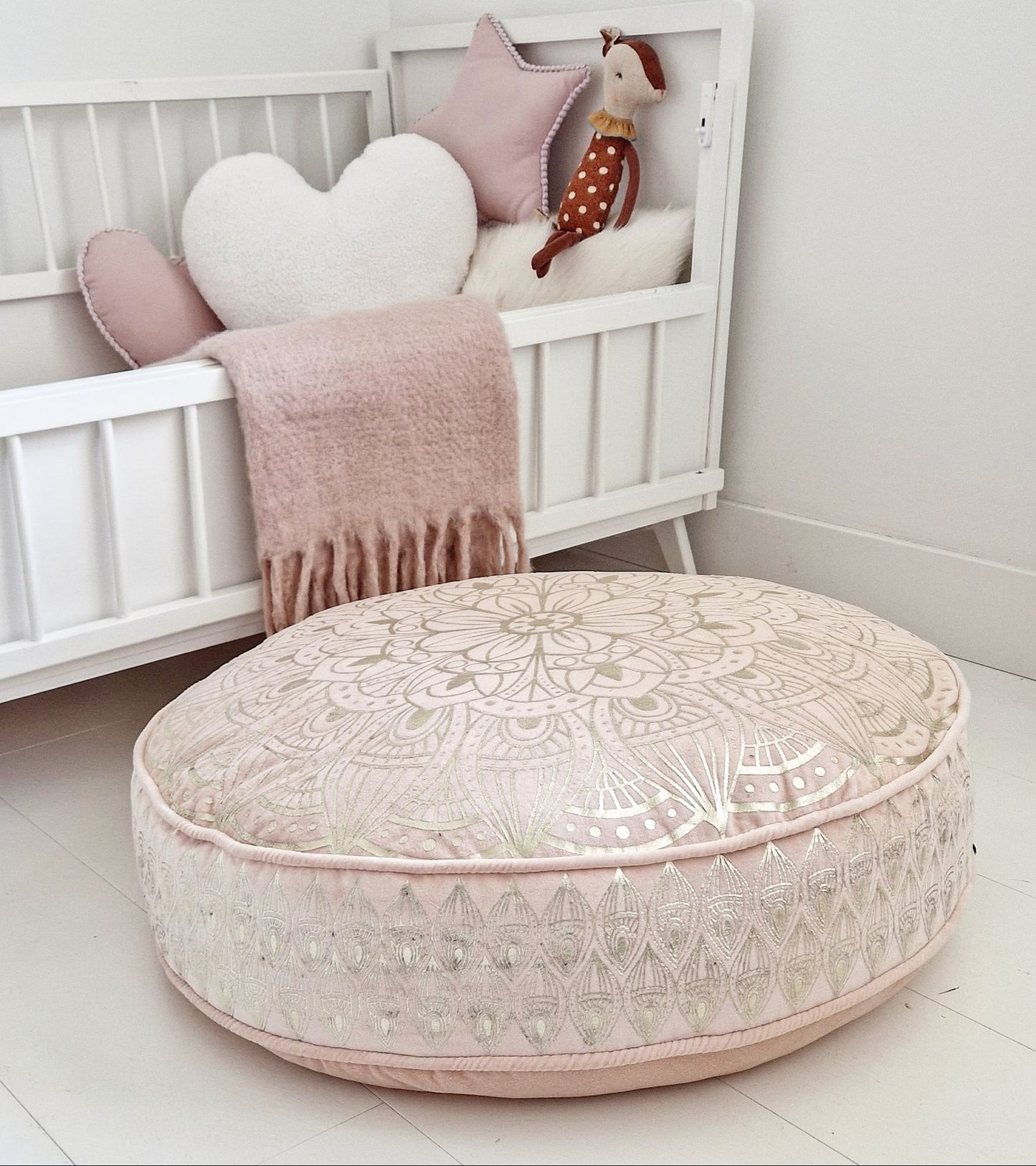 Floor cushion velvet Pastel pink with golden Lotus print