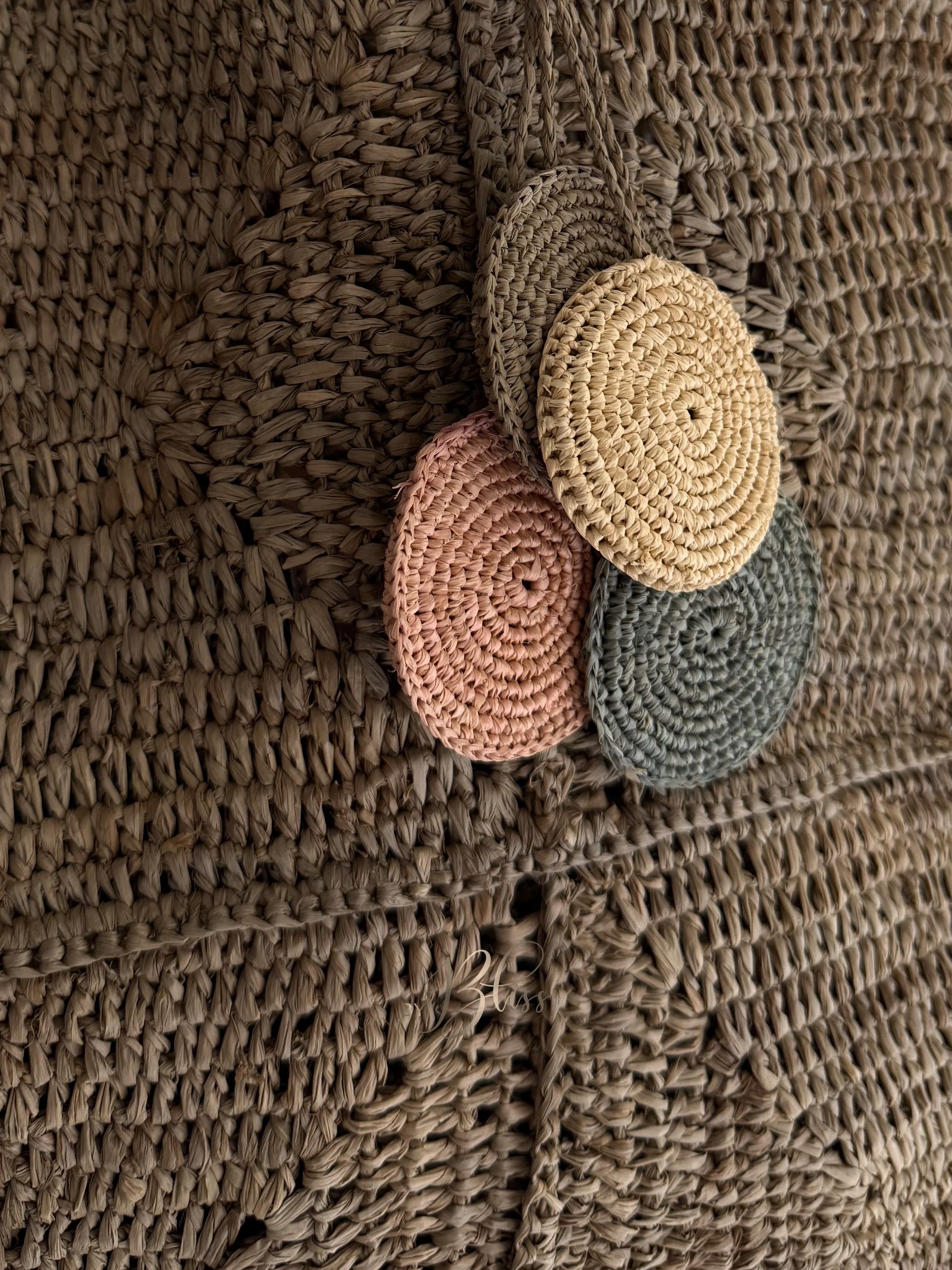 Detail foto van de pastelkleurige raffia hangers van de Gaby bag van Made in Mada