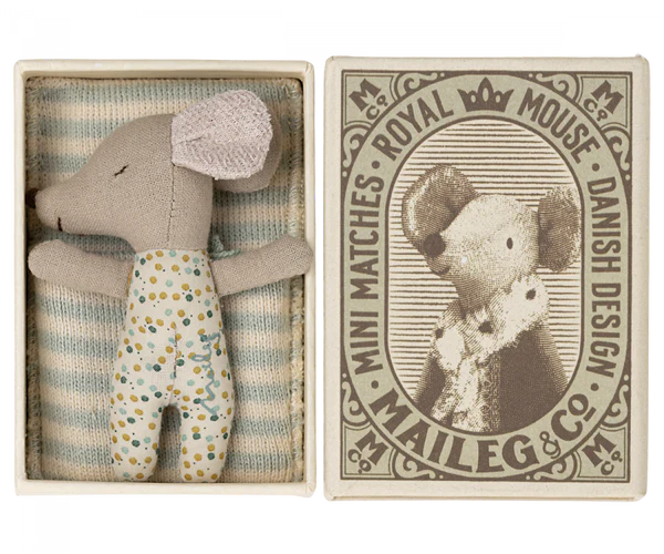 Maileg Sleepy Wakey baby mouse in matchbox Blue