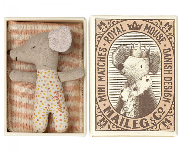 Maileg Sleepy Wakey baby mouse in matchbox Rose