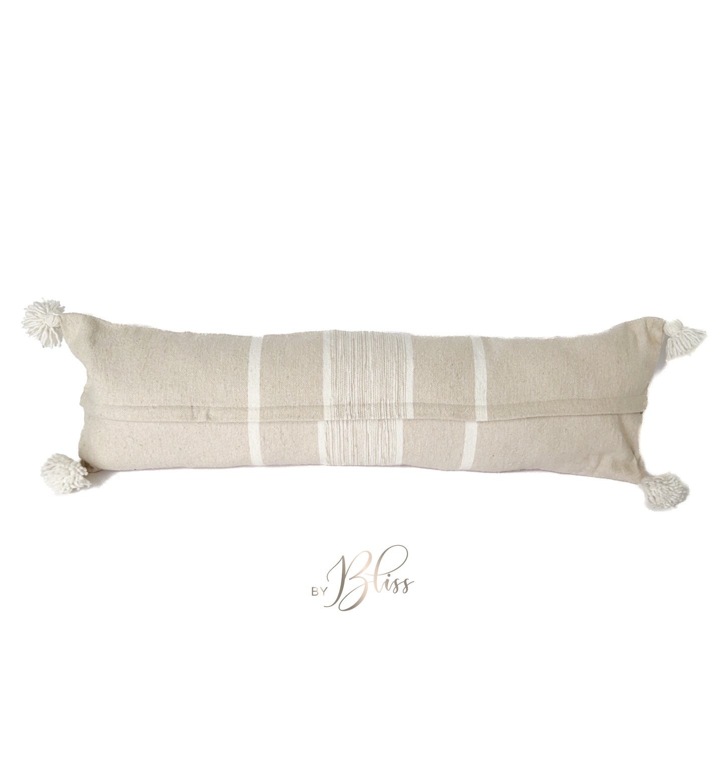 Achterkant van Marokkaans pompom kussen 30x100 cm in Beige met off-white strepen en pompoms