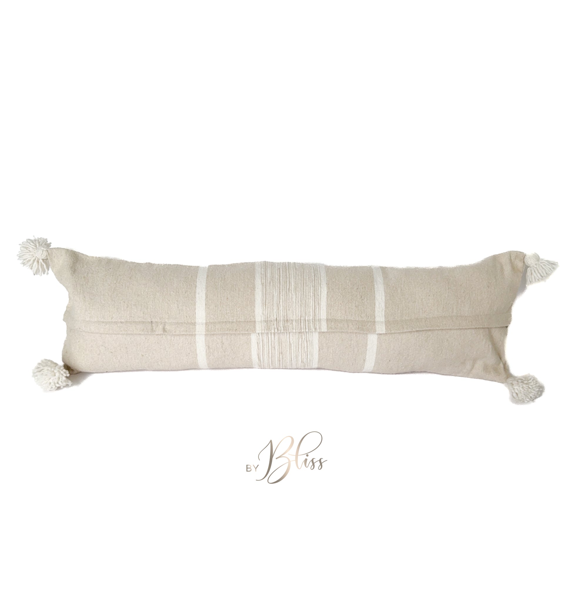Achterkant van Marokkaans pompom kussen 30x100 cm in Beige met off-white strepen en pompoms