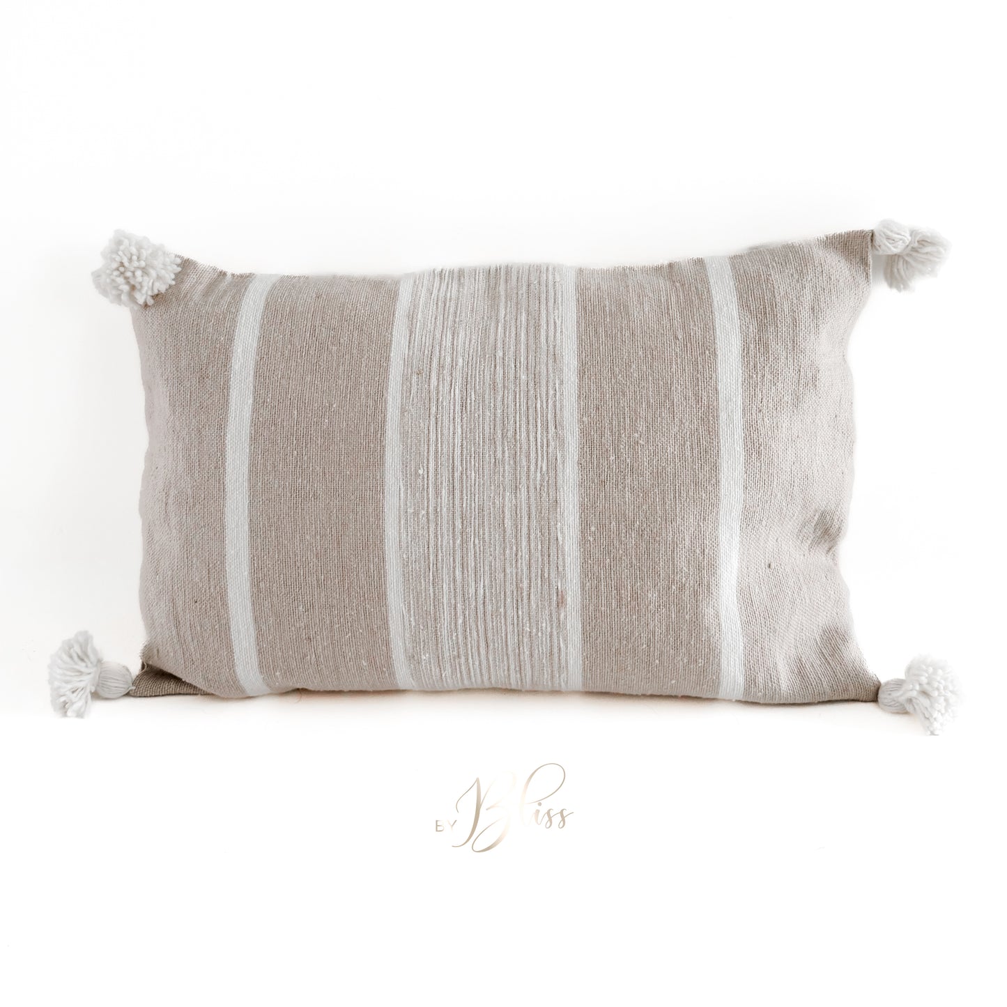 Marokkaans pompomkusen beige met off-white strepen 40x60cm