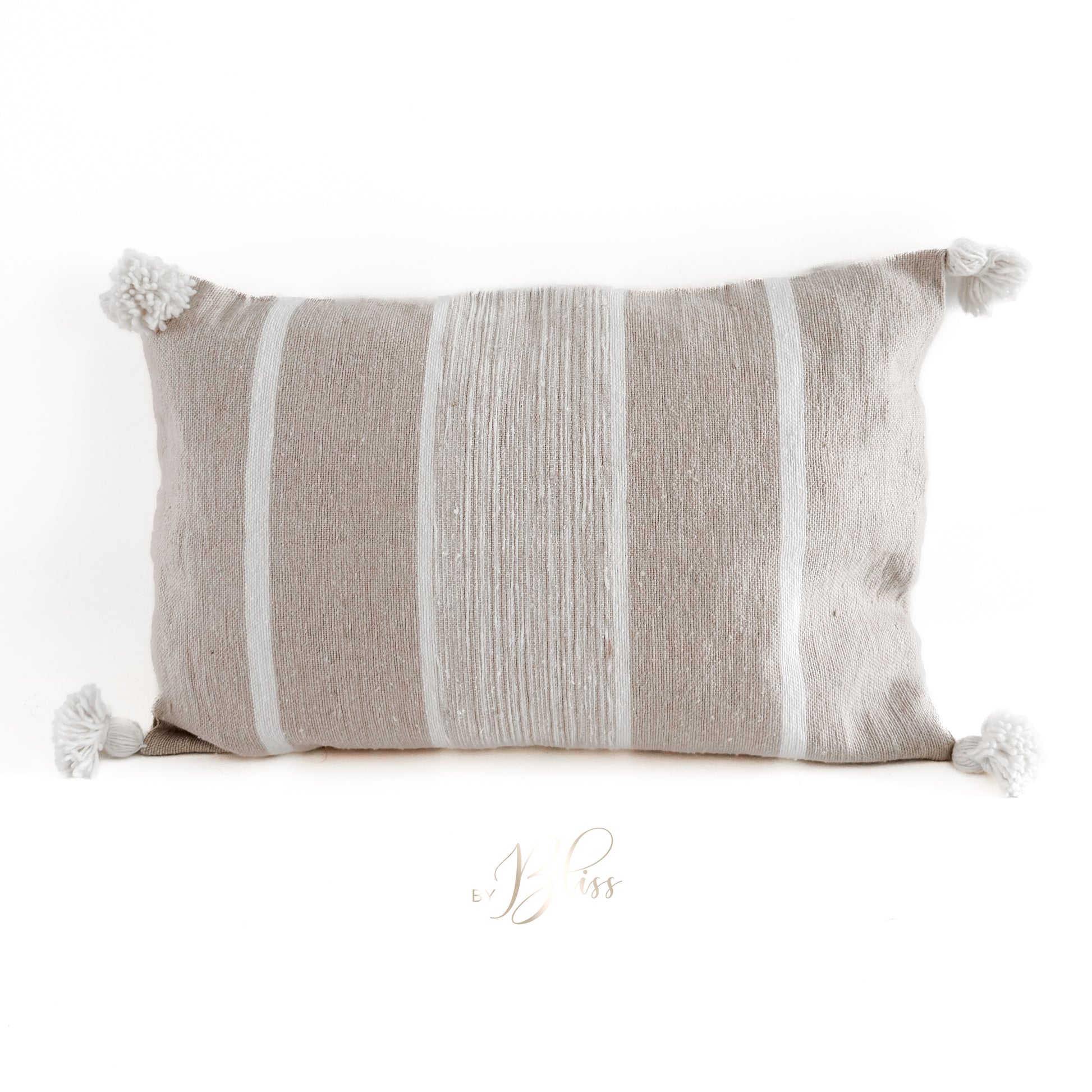 Marokkaans pompomkusen beige met off-white strepen 40x60cm