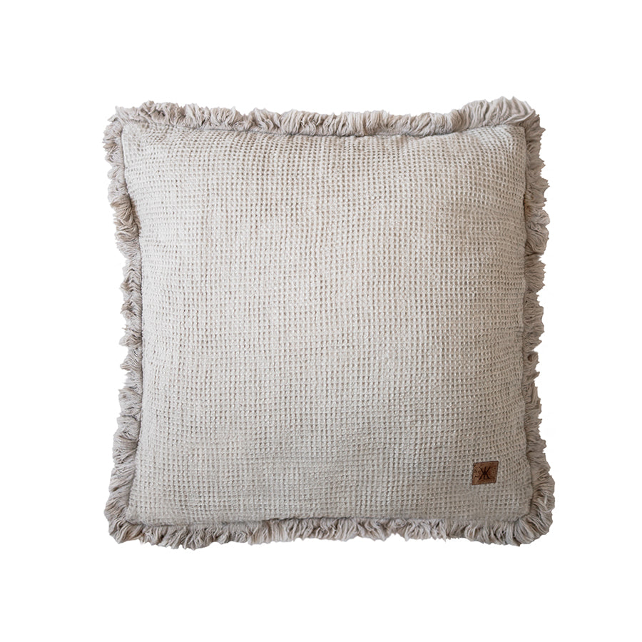 Linen waffle pillow cover with fringes Natural