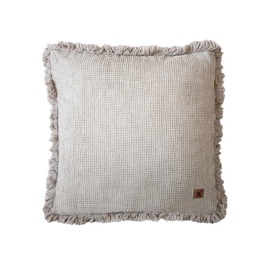 Linen waffle pillow cover with fringes Natural