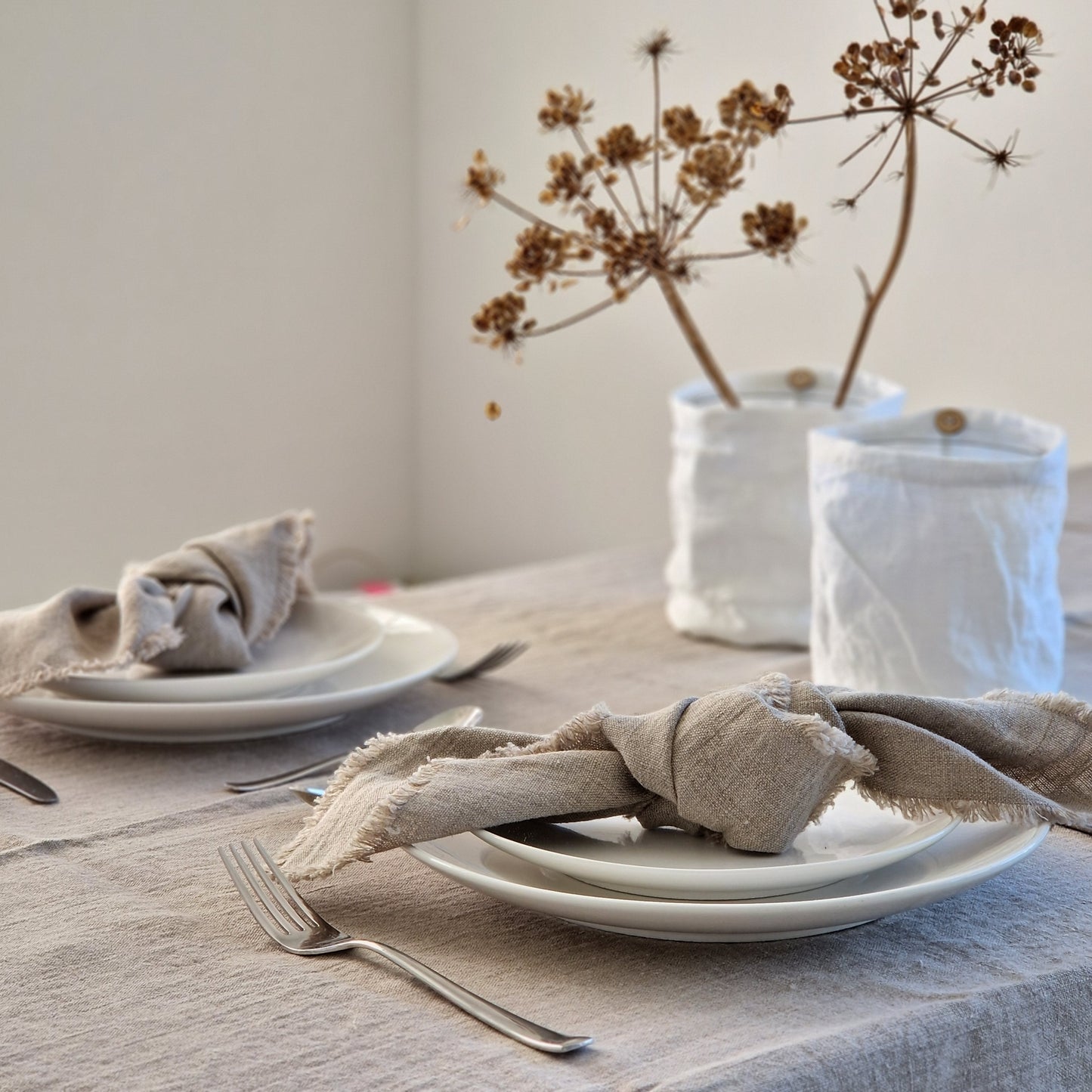 Linen napkins Natural with fringes set of 2